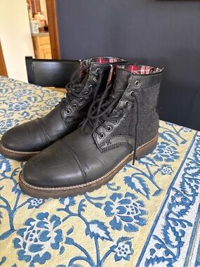 Flag & Anthem Black Men's Lace-Up Leather & Wool Ankle Boots with Plaid Lining